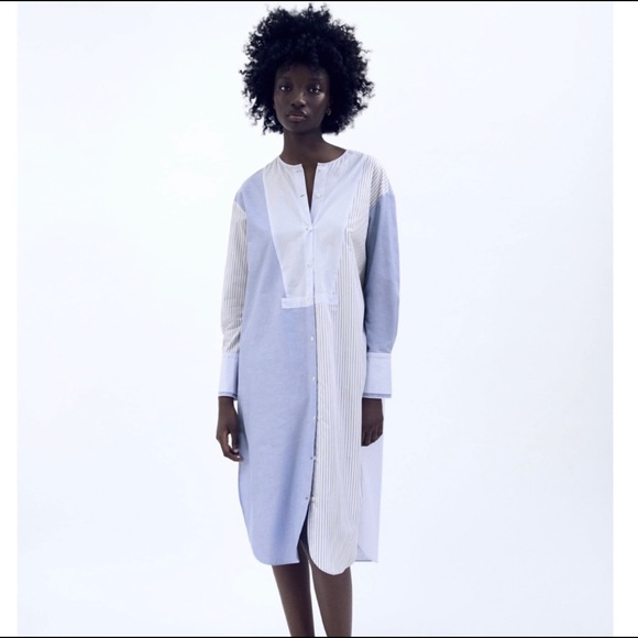 Zara Dresses & Skirts - NWT Zara Patchwork Blue & White Stripe Shirt Midi Dress Women’s Size Medium